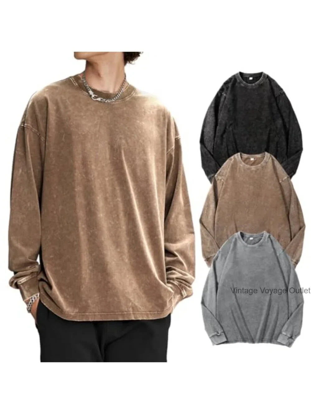 Mens Oversized Acid Wash Long Sleeve Cotton Tee Crewneck Baggy Vintage